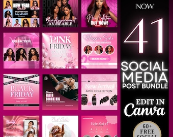 May include: A collection of 41 pink and black social media post templates for hair salons and beauty businesses. The templates feature images of women with different hairstyles, text overlays, and graphics. The text "Download Now" and "Edit in Canva" are also visible. The bundle includes 60+ free social media icons.