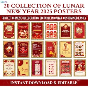 Lunar New Year (20er Set) druckbare Poster | Chinesisches Neujahr 2025 Dekoration | koreanisches Neujahr | Frühlingsfest Dekor, Jahr der Schlange