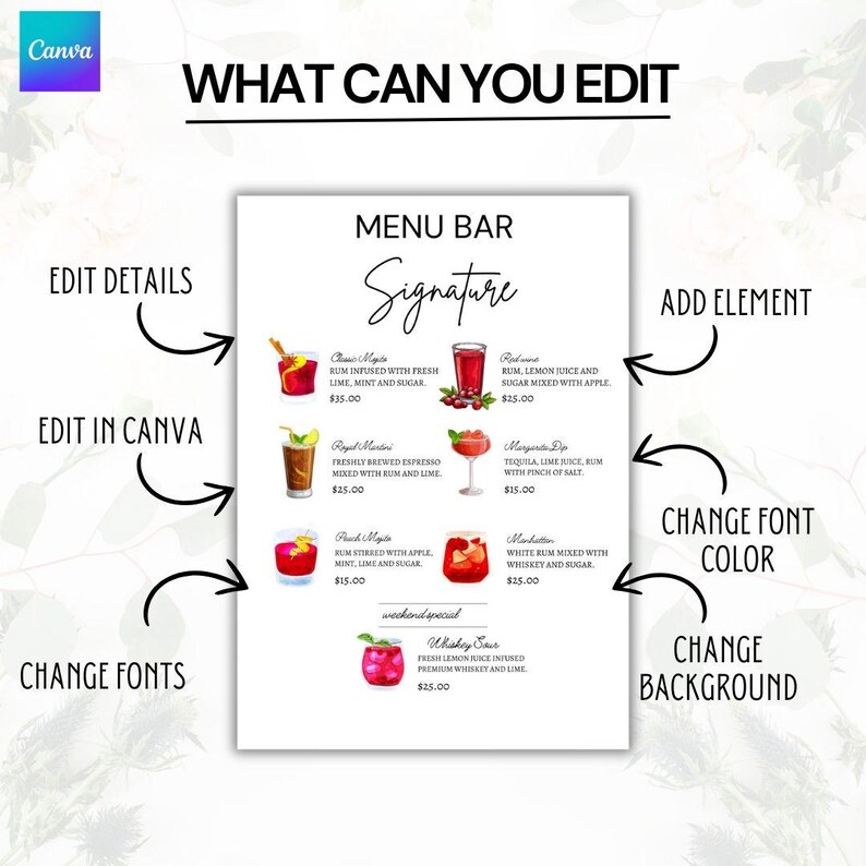 Bar Menu Template | Signature Drink Sign Template | Modern Editable ...