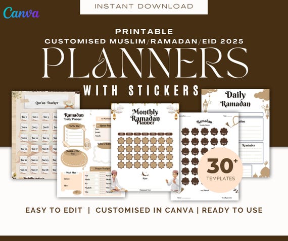 Customize Islamic Planner | Ramadan, Quran, Salat Tracker | Fasting & Prayer Journal | Daily Weekly Undated Islamic Planner for Ramadan 2025