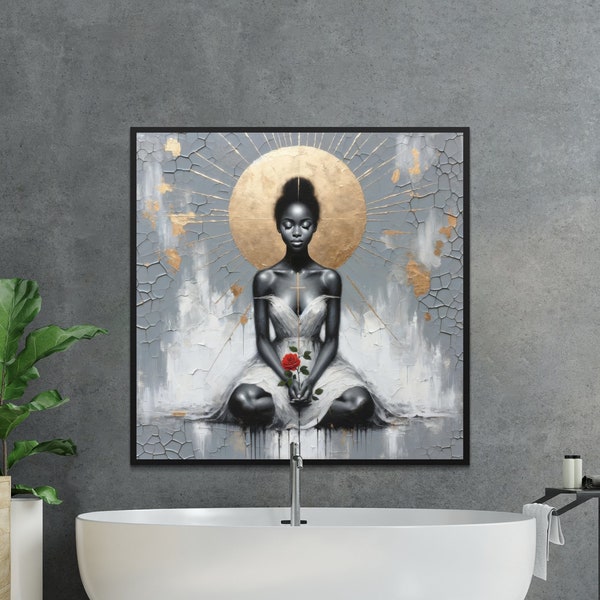 Afrocentric Digital Art Print, Meditation Woman with Gold Halo, Ethereal African Artwork, Spiritual Home Decor, Digital Download
