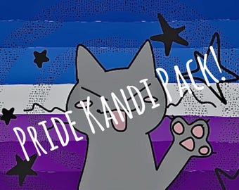 May include: A cartoon image with a gray cat with pink accents, a paw raised, and text that reads "PRIDE KANDI PACK!". The background features the colors of the asexual pride flag, with blue, white, gray, and purple stripes, and black star shapes.
