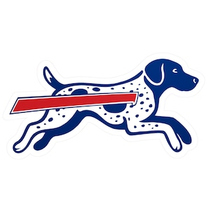 May include: A sticker featuring a stylized illustration of a running dog. The dog is primarily white with blue accents, including the head and tail. It has black spots and a red rectangular shape across its body.