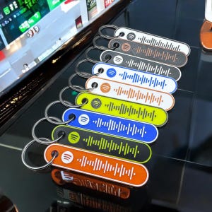 K&ouml;nnte beinhalten: Eine Sammlung farbenfroher Schl&uuml;sselanh&auml;nger mit Spotify-inspirierten Designs. Jeder Schl&uuml;sselanh&auml;nger hat eine einzigartige Farbe und ein Wellenmuster mit dem Spotify-Logo. Die Schl&uuml;sselanh&auml;nger sind an silbernen Schl&uuml;sselringen befestigt.