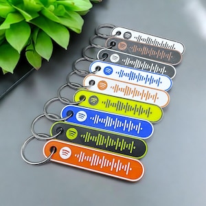 K&ouml;nnte beinhalten: Eine Sammlung farbenfroher Schl&uuml;sselanh&auml;nger mit Spotify-Code-Design. Jeder Schl&uuml;sselanh&auml;nger hat eine andere Farbe, darunter Orange, Schwarz, Blau und Wei&szlig;, mit einem silbernen Schl&uuml;sselring. Die Schl&uuml;sselanh&auml;nger sind f&auml;cherf&ouml;rmig angeordnet.