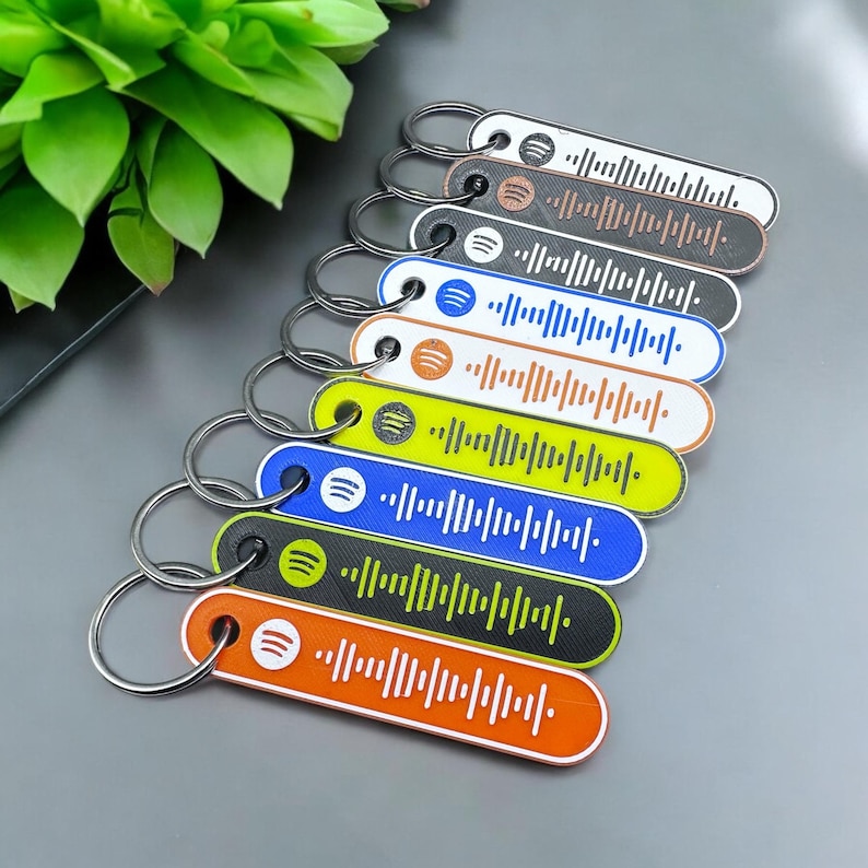 K&ouml;nnte beinhalten: Eine Sammlung farbenfroher Schl&uuml;sselanh&auml;nger mit Spotify-Code-Design. Jeder Schl&uuml;sselanh&auml;nger hat eine andere Farbe, darunter Orange, Schwarz, Blau und Wei&szlig;, mit einem silbernen Schl&uuml;sselring. Die Schl&uuml;sselanh&auml;nger sind f&auml;cherf&ouml;rmig angeordnet.