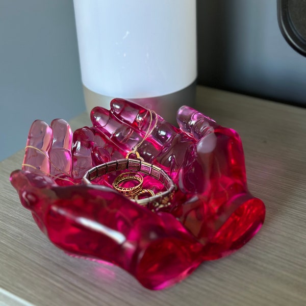 Bandeja de joyería de resina epoxi en forma de mano - Colores personalizables - Decoración única para el hogar.