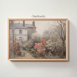 Printable painting of a House with garden in front, garden house, vintage garden look
