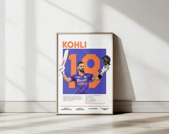May include: Framed poster featuring Virat Kohli, a cricket player, with the name "KOHLI" in orange and the number "18" in orange. Kohli is wearing a blue jersey and holding a cricket bat and helmet. The poster includes text at the bottom.