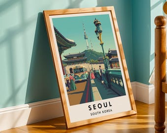 Lámina artística de Seúl: Escena callejera coreana vintage, cielo verde azulado y tonos crema, técnica mixta