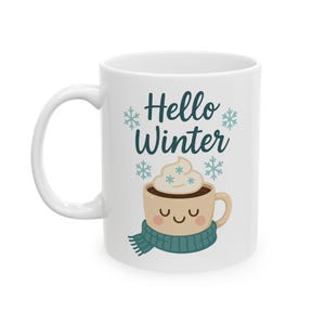 Hello Winter Ceramic Mug - Cozy Hot Chocolate Cup, Winter Decor, Holiday Gift, Cute Snowflake Design, 11oz