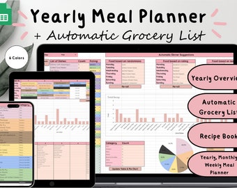 Yearly Meal Planner and Grocery List | Google Sheets Digital Template | Yearly Monthly Weekly Meal Planner | Printable Digital Meal Planner