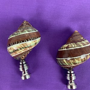 以下が含まれることがあります： 茶色と白の渦巻き模様の貝殻で作られた装飾的なフィニアルが2つ。フィニアルは銀色の金属製のベースが付いています。