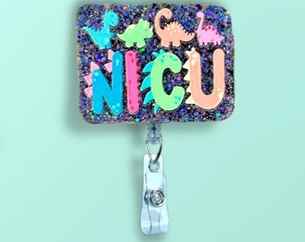 NICU Badge Reel: Dinosaur Glitter Acrylic Retractable ID Holder