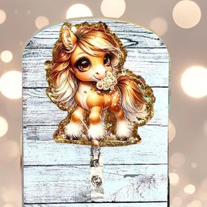 Cute Horse Badge Reel - Alligator Clip - Acrylic and Glitter - Permanent or Interchangeable, ID Holders, Western Badge Holder