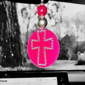 Rhinestone Car Charm - Cute Beaded Gift for Her - Christian Car Accessories, Handmade Cross Mirror charm