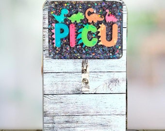 PICU Badge Reel: Dinosaur Glitter Acrylic Retractable ID Holder
