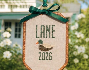 Personalized Mallard Duck Embroidered Keepsake Ornament, Wood Frame Baby Name Sign