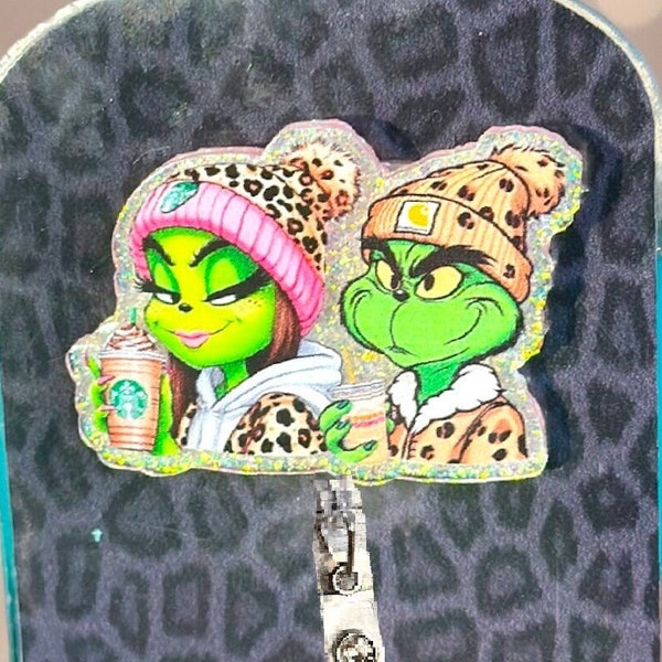 Whimsical 2” Girl Grinch with Coffee Badge Reel - Festive Grinch Lanyard Holder, Boujee Grinch, grinch and coffee