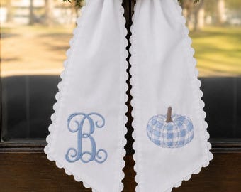 Personalized Fall Wreath Sash, Blue Gingham Pumpkin, Front Door Decor