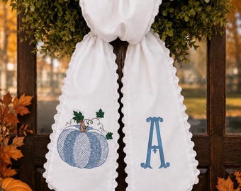 Customized Fall Wreath Sash with Blue Pumpkin & Embroidered Monogram