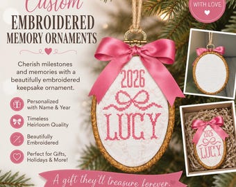 Custom Embroidered Oval Ornament, Personalized Name & Year Keepsake (Handmade)