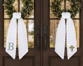 Personalized Embroidered Wreath Sash, Monogram Door Decor, Scalloped Ribbon, Custom Embroidery