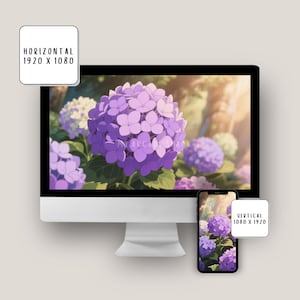 May include: A desktop computer and smartphone show a digital illustration of purple hydrangea flowers. The computer screen has the text "HORIZONTAL 1920 X 1080" in a white box. The phone has the text "VERTICAL 1080 X 1920" in a white box.