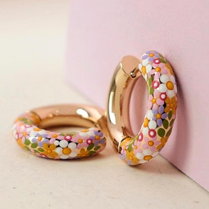 BOTANICAL | Wildflower 18ct gold plated chunky hoop earrings with hand-painted multicoloured flowers | Statement floral everyday jewellery