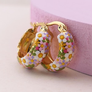 BOTANICAL Hand-Painted Wildflower Huggie Hoop Earrings: 18ct Gold Plated Floral Jewelry