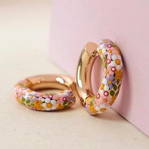 BOTANICAL Hand-Painted Wildflower Chunky Hoop Earrings: 18ct Gold Plated Floral Jewelry