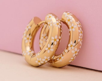 DAISY Hand-Painted Chunky Hoop Earrings: 18ct Gold Plated Floral Jewelry