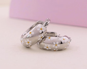 DAISY Hand-Painted Huggie Hoop Earrings: Silver Tone White Floral Jewelry