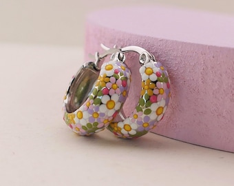BOTANICAL Hand-Painted Wildflower Huggie Hoop Earrings: Silver Tone Floral Jewelry