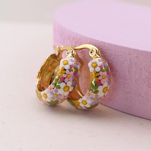 BOTANICAL Hand-Painted Wildflower Huggie Hoop Earrings: 18ct Gold Plated Floral Jewelry