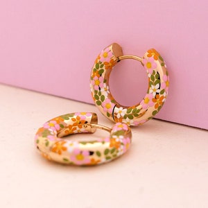 LILY Hand-Painted Wildflower Chunky Hoop Earrings: 18ct Gold Plated Botanical Jewelry
