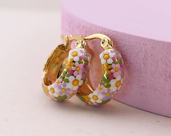 BOTANICAL Hand-Painted Wildflower Huggie Hoop Earrings: 18ct Gold Plated Floral Jewelry