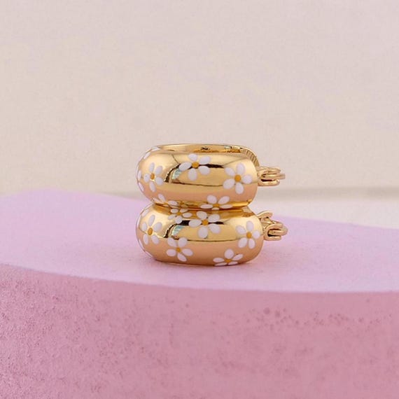 DAISY Hand-Painted Huggie Hoop Earrings: 18ct Gold Plated White Floral Jewelry