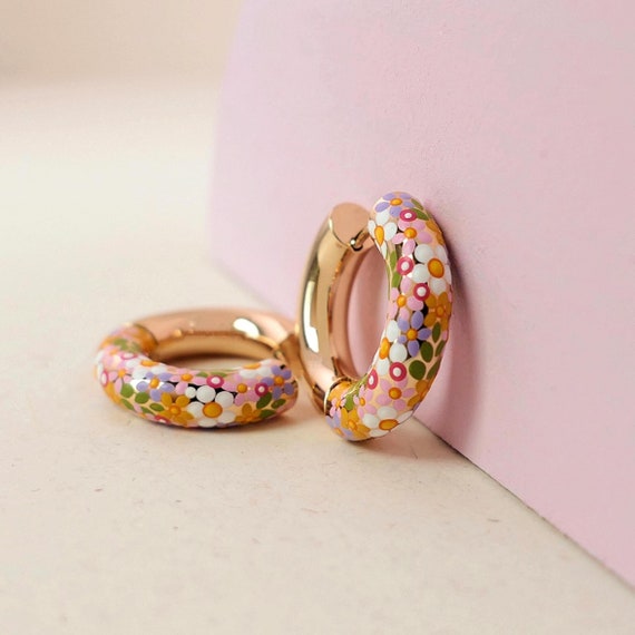 BOTANICAL Hand-Painted Wildflower Chunky Hoop Earrings: 18ct Gold Plated Floral Jewelry