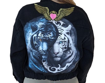 Yin & Yang Tiger Bliss: Trendy Bomber Denim Jacket with Artistic Flair Women Clothing