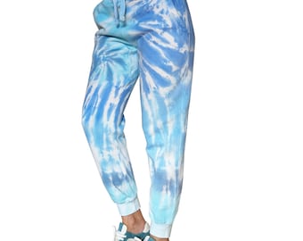 Hand-Dyed Baby Blue Joggers - Lounge Pants Unique Gift Ideas Women Joggers Embroidered Angel Wings Art