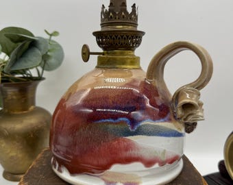 Lámpara de aceite vintage de cerámica del estudio Ira Kay Grebe de Texas / Cerámica hecha a mano con esmalte por goteo / Elemento decorativo rústico del suroeste para el hogar