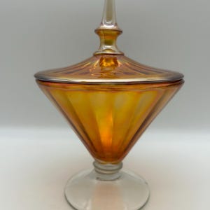 Vintage Fenton Marigold Iridescent Carnival Glass Footed Candy Dish w Lid