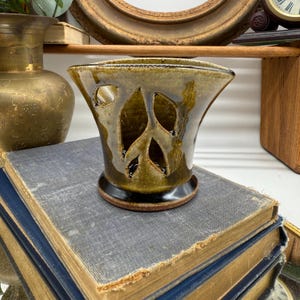 Handmade Studio Pottery Tealight Holder: Olive Green Drip Glaze Cutout Vessel