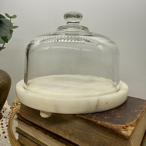 Vintage Marble Cheese Dome with Glass Cloche – Mid Century Kitchen Decor, Serving Board