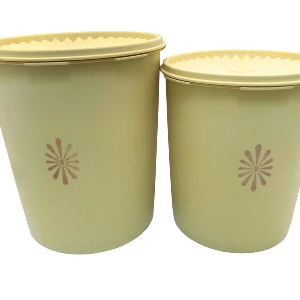 Vintage Tupperware Servalier MUSTARD Canisters Containers w/ Lids, Star Diamond Design, Set of 2