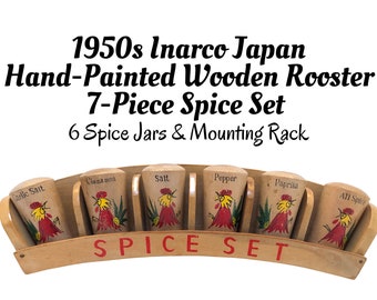 1950s Inarco Japan, Hand-Painted Rooster 7-Piece Spice Set, 6 Spice Jars & Mounting Rack