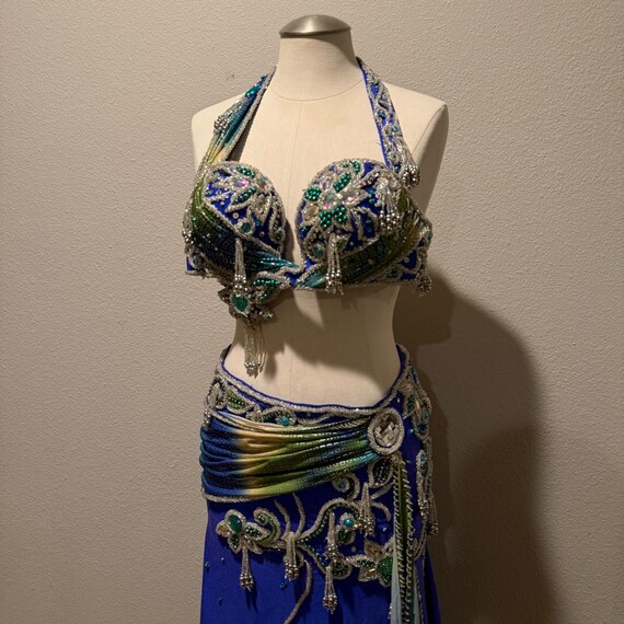 Professional Belly Dance Costume Set Blue Green Beade… - Gem