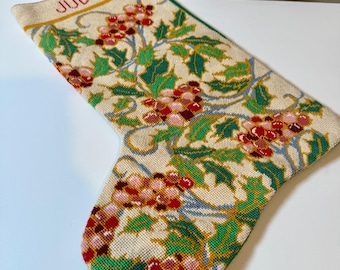 Personlig Judy Needlepoint Julstrumpa Holly Berry Blommor Vintage