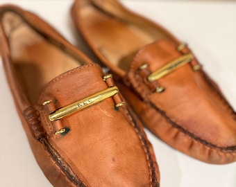 Lauren Ralph Lauren Caliana Tan Leather Driving Loafers Gold Hardware 6.5B